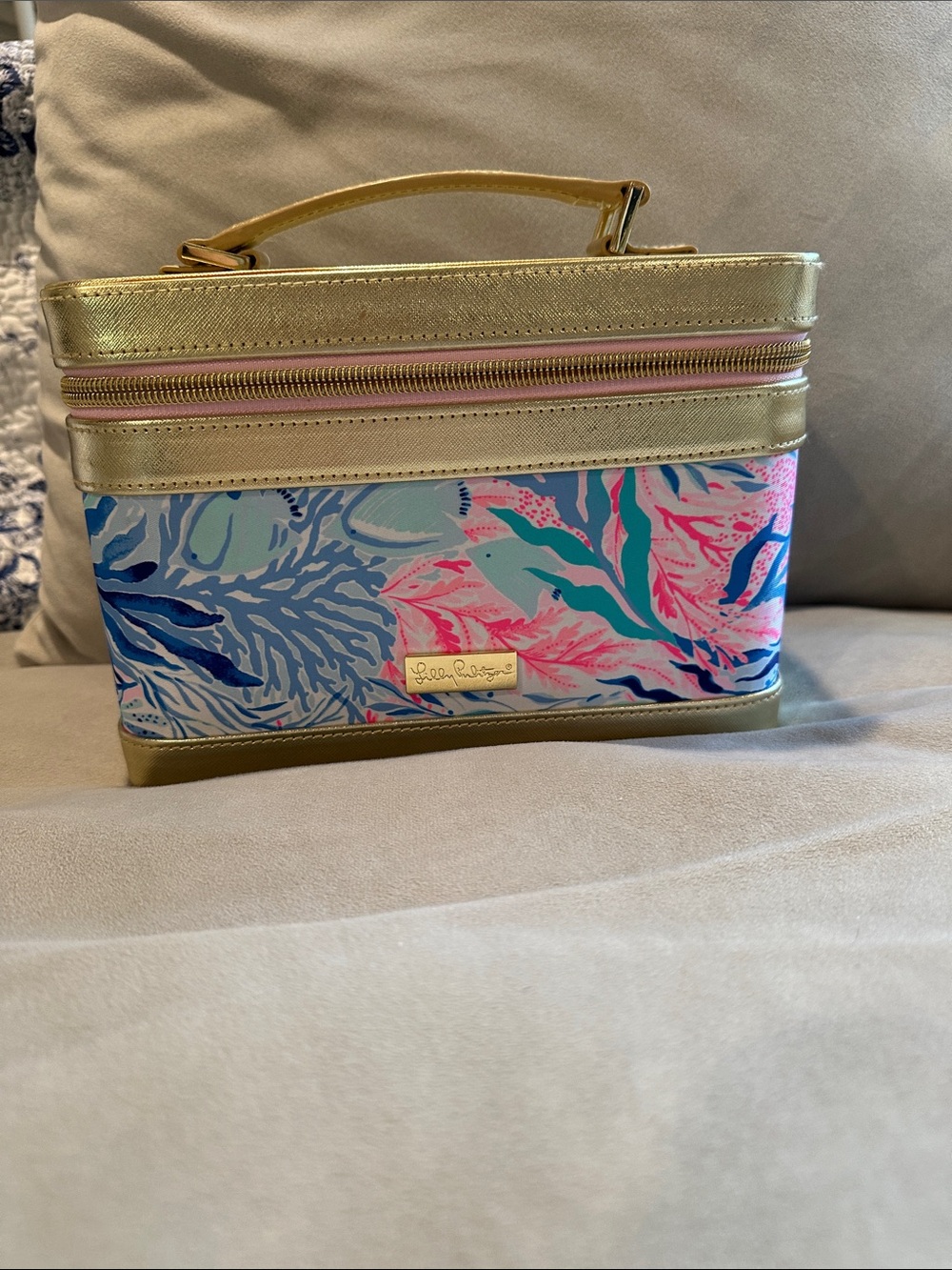 Lilly Pulitzer Gold-Trim Cosmetic Case with Pink & Blue Coral Print
